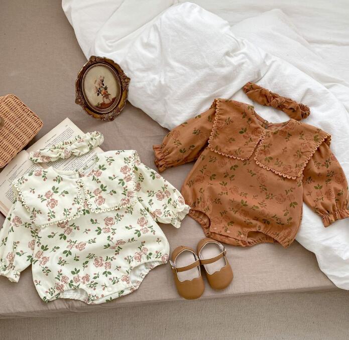 子供服★ロンパース+ヘアバンド★連体服★長袖★ベビー★花柄★2色★66-90CM