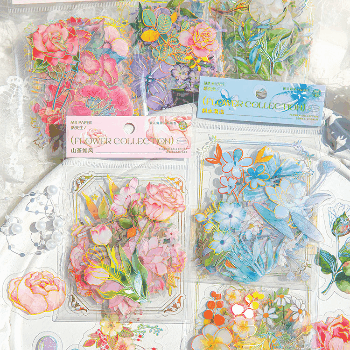 春新作 文具 PVCシール貼紙 手帳素材 封口貼 幾何学ラベル アンティーク 春光 植物花葉 フラワー 40枚入
