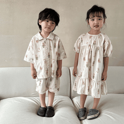 お勧め 春夏 韓国風子供服シャツ+ショートパンツ 半袖上着 熊 兎 フリル ワンピース ブラウス 80-150