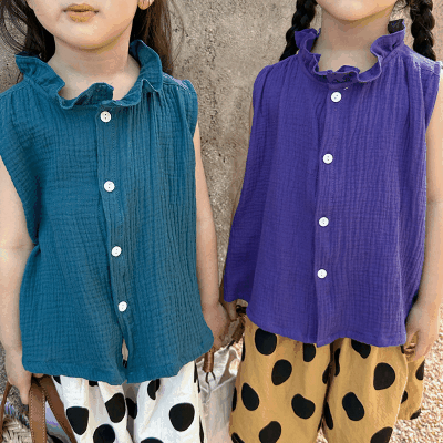お勧め 春夏新作 女の子 オシャレ夏 シャツ フリル 袖なし上着 無地 韓国風子供服 80-150 2色