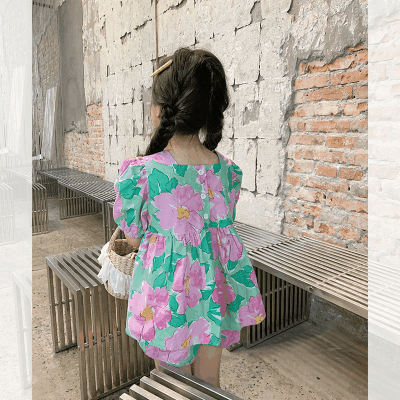 お勧め 夏 ボタニカル キッズ ショートパンツ パフスリーブ フリル ブラウス 花柄シャツ+パンツ 90-140