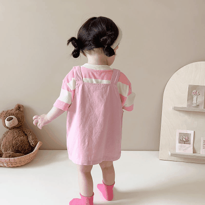 春夏新作 ガールズ ハーフスリープ ボーダー柄 プルオーバー Tシャツ+吊りスカート デニムスカート 73-110