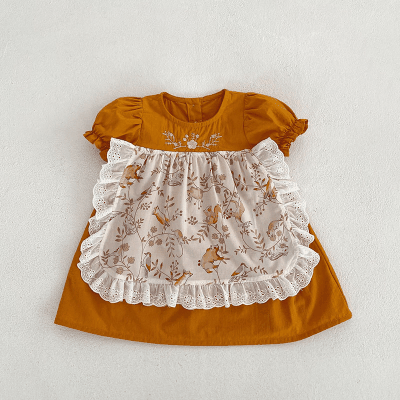 夏新作 ベビードレス ガールズ 花柄刺繍 アニマル フリル ワンピース ハーフスリーブワンピ 73-120