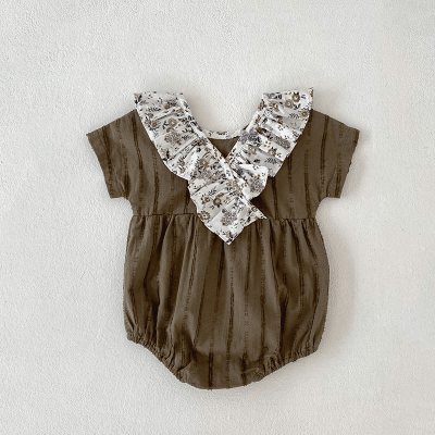 夏新作 ベビー ガールズ 連体服 花柄襟 ストライプ柄 フリル ハーフリープ ロンパース カバーオール 66-90