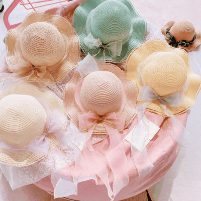 ハワイ 春夏 キッズ子供 ストローハット 麦わら帽子 日焼け止め リボン 草編み ビーチ海