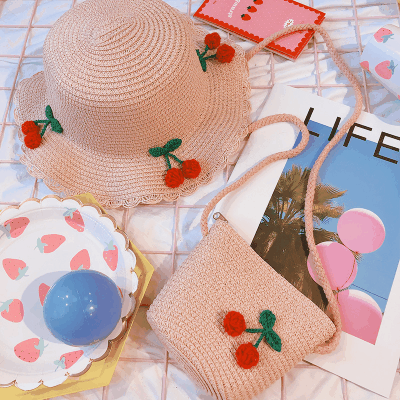 春夏 キッズ かごバッグ 編みバッグ ストローハット 麦わら帽子 ショルダーバッグ  ビーチ海 サクランボ