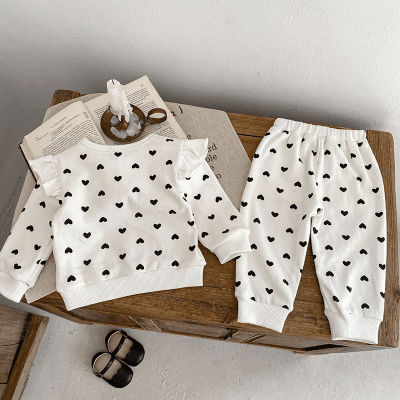 オシャレ春秋 ガールズ 秋冬新作 フーディ ハート フリル ジョガーパンツ Tシャツ+ズボン 66-100