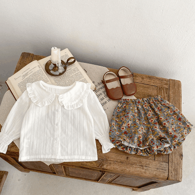 オシャレ春秋 ガールズ 秋冬新作 ブラウス フリル 花柄 フリル ニッカボッカ シャツ+ズボン 66-100