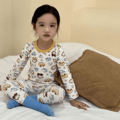 秋冬新作 ユニセックス ルームウェア 保温インナー ボディスーツ 車アニマル Tシャツ+ズボン 80-150