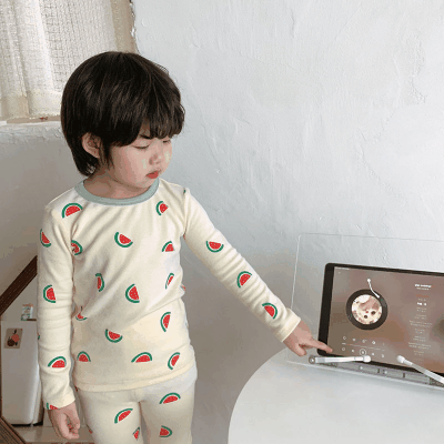 秋冬新作 ユニセックス ルームウェア 保温インナー ボディスーツ 西瓜 Tシャツ+ズボン 80-150