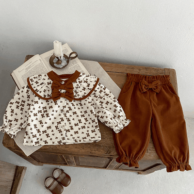 ガールズ 秋冬新作 ブラウス フリル リボン クローバー ロングパンツ シャツ+ズボン 66-100