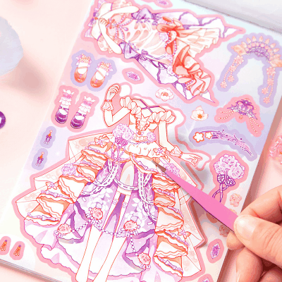 カフェ風 シール ステッカー ラベル ガール少女 着替え 衣替え コーディネート 貼紙6枚+素材紙12枚