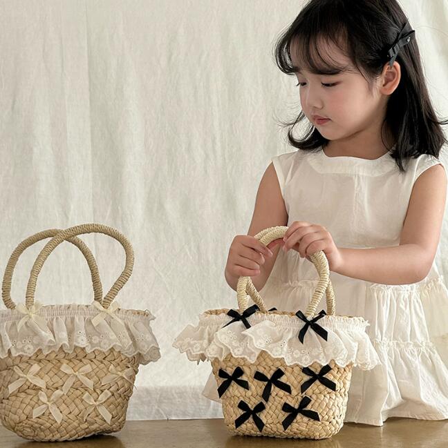 バッグ★ハンドバッグ★草編みバッグ★子供用★かごバッグ★蝶結び★2色