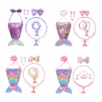 夏休み ネックレス+ブレスレット+リング+ピアス+ヘアピン+バッグ パール貝殻リボン 人魚 マーメイド
