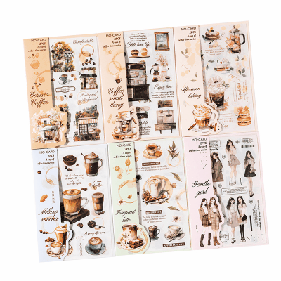 カフェ風 PETシール ステッカー アンティーク 少女 珈琲 食べ物グルメ 葉花フラワー ラベル 2枚入