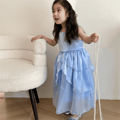韓国風子供服 キッズ春夏 お姫様 贅沢 ワンピース ノースリーブ ワンピ フリル ロングスカート 90-120cm