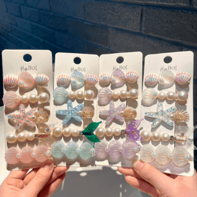 春夏 レディース ガールズ少女 ヘアクリップ ヘアピン 貝殻ヒトデ アクリルパール 人魚姫 マーメイド 5枚入