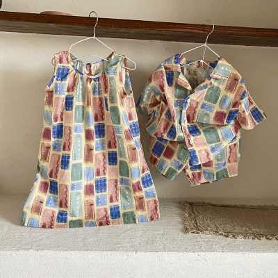 韓国風子供服 2024春夏 姉妹兄弟コーデ チェック柄 ワンピース&上下セット トップス+ズボン 80-150cm