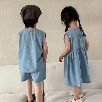 韓国風子供服 2024春夏 姉妹兄弟コーデ デニム ワンピース&上下セット トップス+ズボン 80-150cm