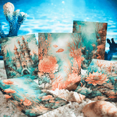 ノートペーパー 素材紙背景紙 イラスト メモ紙 海洋世界 船 人魚姫 貝殻ヒトデ イルカ鮫 30枚入