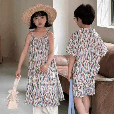 韓国風子供服 2024春夏 ビーチ海 姉妹兄弟コーデ ワンピース&上下セット シャツ+ズボン 90-150cm