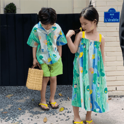 韓国風子供服 海ビーチ 2024春夏 姉妹兄弟コーデ ワンピース&シャツ上着 トップス 90-150cm