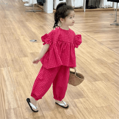 韓国風子供服 春夏 ガール3-8歳 チェック柄 ブラウス ガウチョパンツ フリル上着 シャツ+九分丈ズボン 7-17