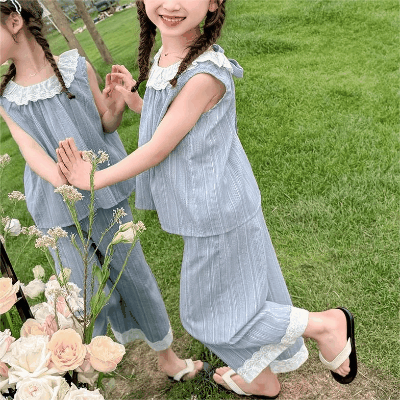 韓国風子供服 ガールズ 3-8歳 花柄レース ガウチョパンツ 袖なし上着 シャツ +七分丈ズボン 5-13