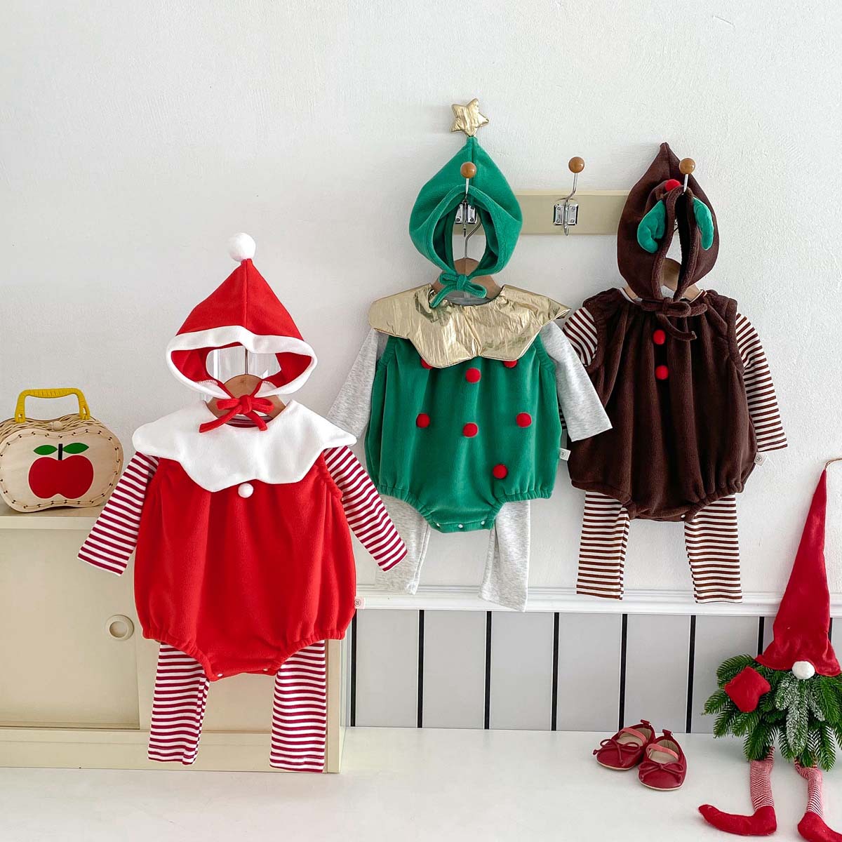 2024新入荷★ベビー服　クリスマスロンパース+帽子&上下セット&襟★66cm〜90cm 3色