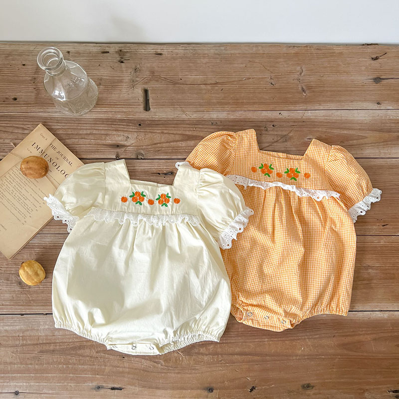韓国風子供服 お勧め 春夏新作 カバーオール 女の子 連体服 花柄刺繍 チェック柄 フリル ロンパース 66-100