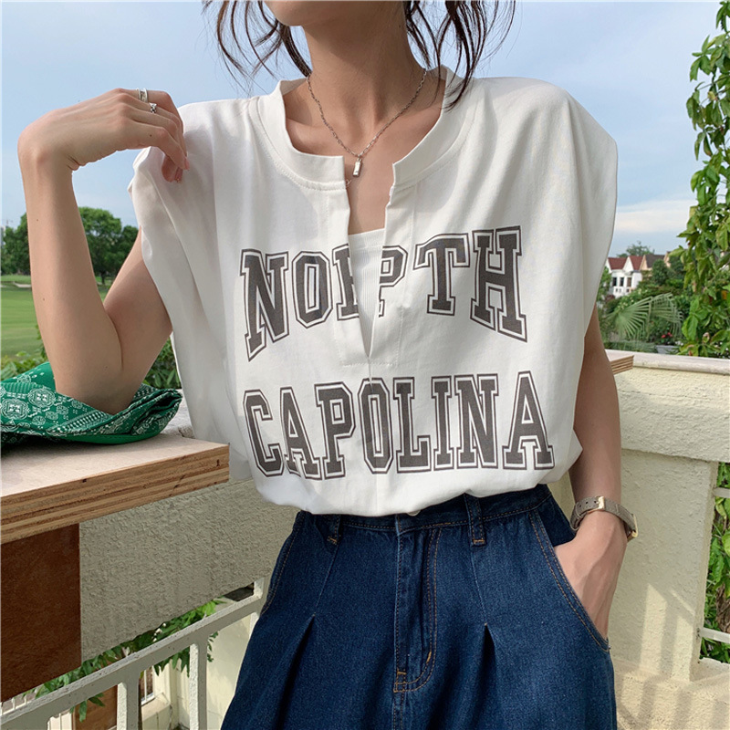 トップス★ 半袖 ★♪修身★♪英字★♪偽の二つのゆとり★♪Tシャツ★♪レディース★新款