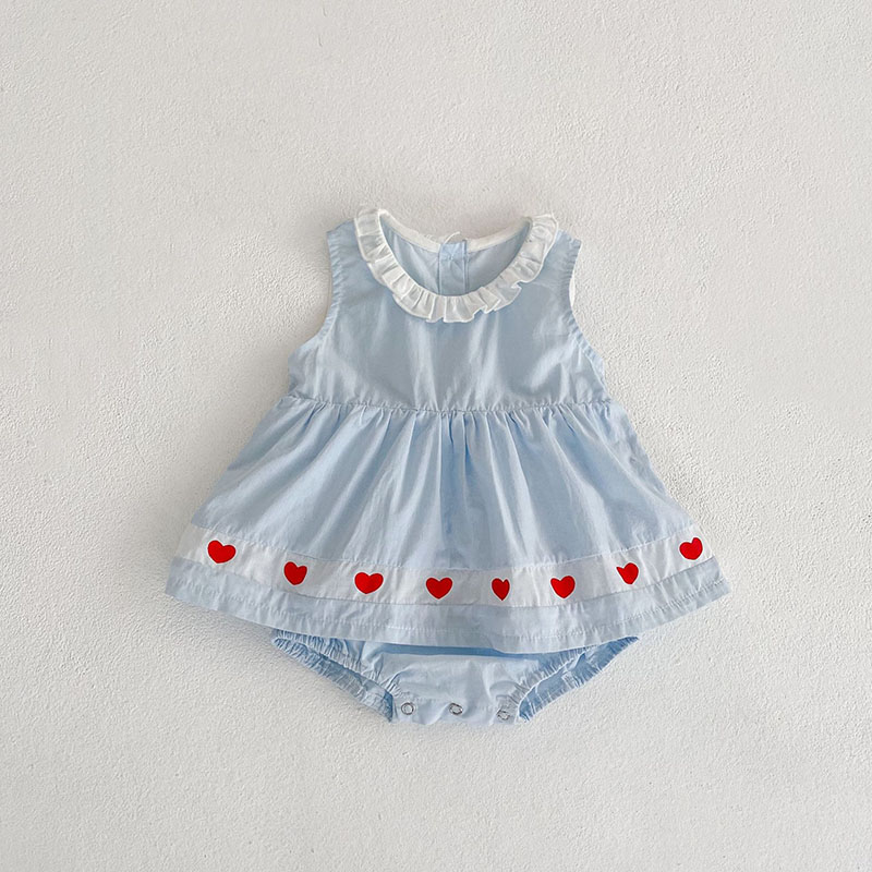お勧め 春夏新作 子供服 カバーオール 女の子　袖なし連体服 フリル ハート スカート付ロンパース66-90