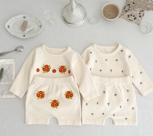 2023春新品★子供服　長袖+ニットショートパンツ　セットアップ　66-100cm★2色