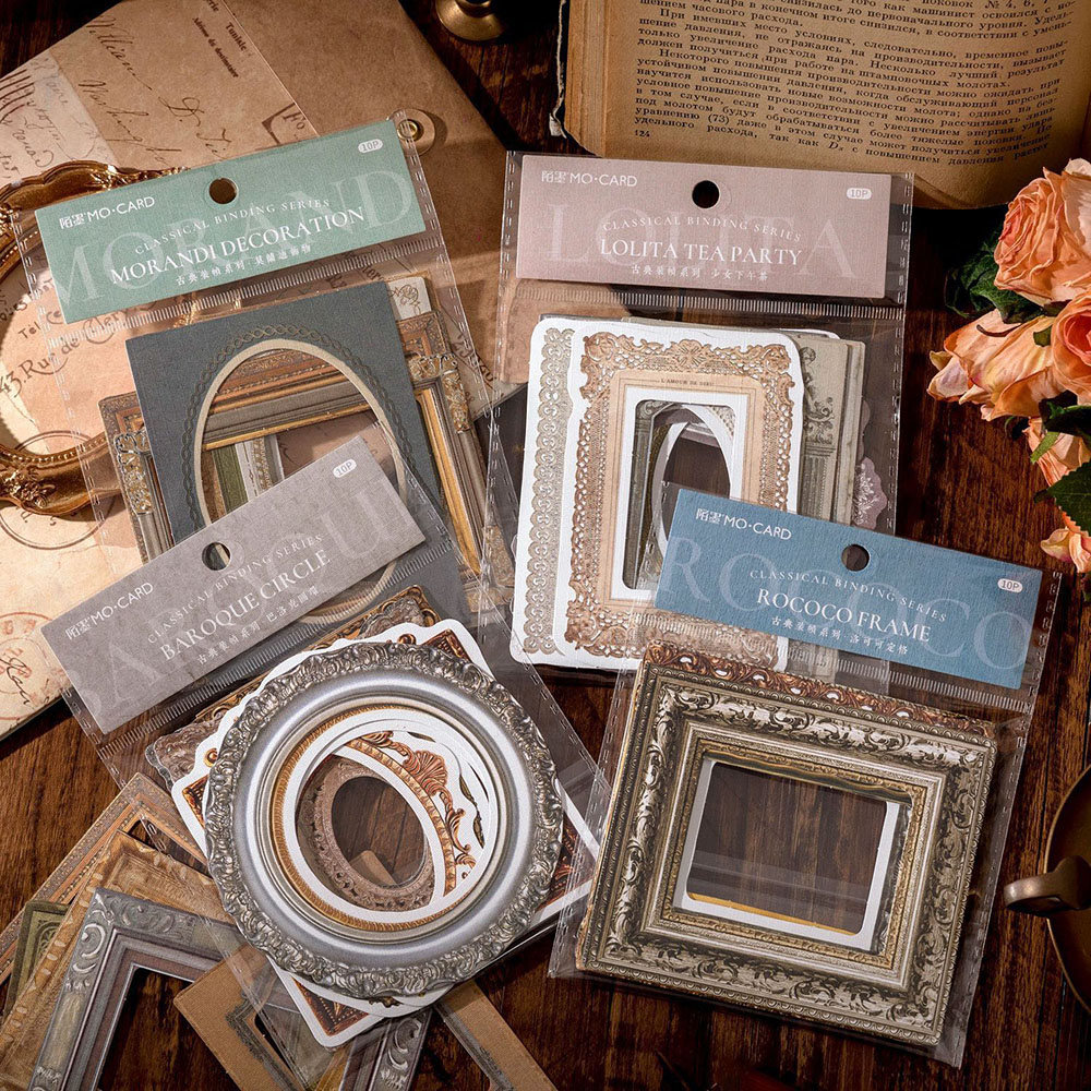 文具 シール貼紙 手帳素材 封口貼 アンティーク 春夏新作 鏡枠フォトフレーム 幾何学ラベル 10枚入
