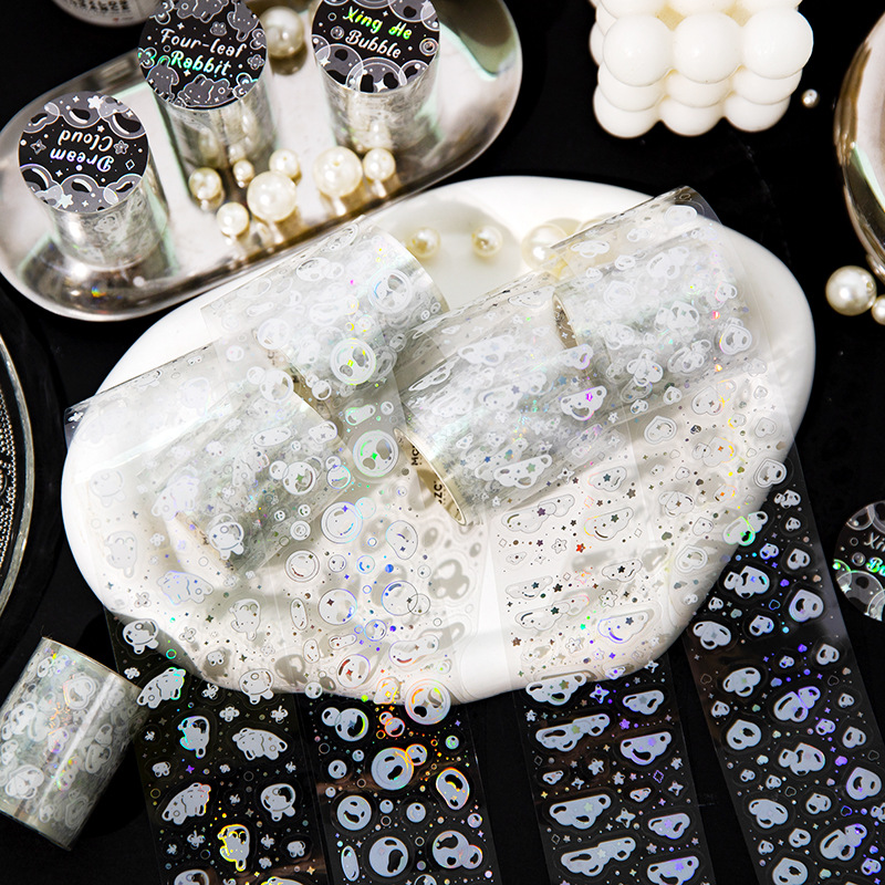 文具 PETシール貼紙 手帳素材 マスキングテープ スイーツ 幾何学 泡バブル ハート リボン 兎雲星 48mm*2m