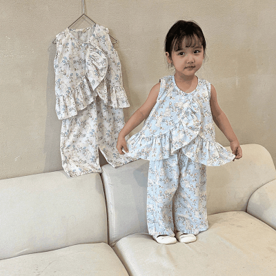 サマーシ カジュアル ガールズ シャツ+パンツ ボタニカル ブラウス ノースリープ キッズ フリル 80-150