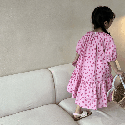 サマー カジュアル ガールズ ハート コットンワンピ パフスリーブ ワンピース キッズ シフトドレス 80-150