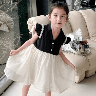 お勧め 春夏 子供服 ガール パール フリル シフトドレス ワンピース ノースリープ ワンピ 5-13