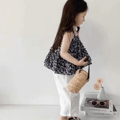 お勧め 春夏 韓国風子供服 フリル レースアップ キャミソール+ズボン ワイドパンツ ブラウス 小花柄 7-15