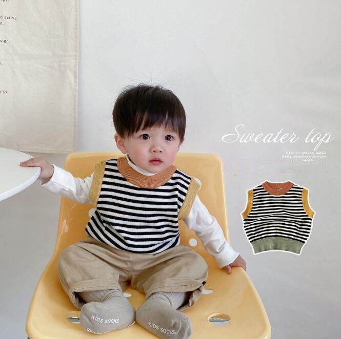 秋★子供服★トップス★ニット★ベスト★韓国風子供服★ベビー★ストライプ★66-100CM