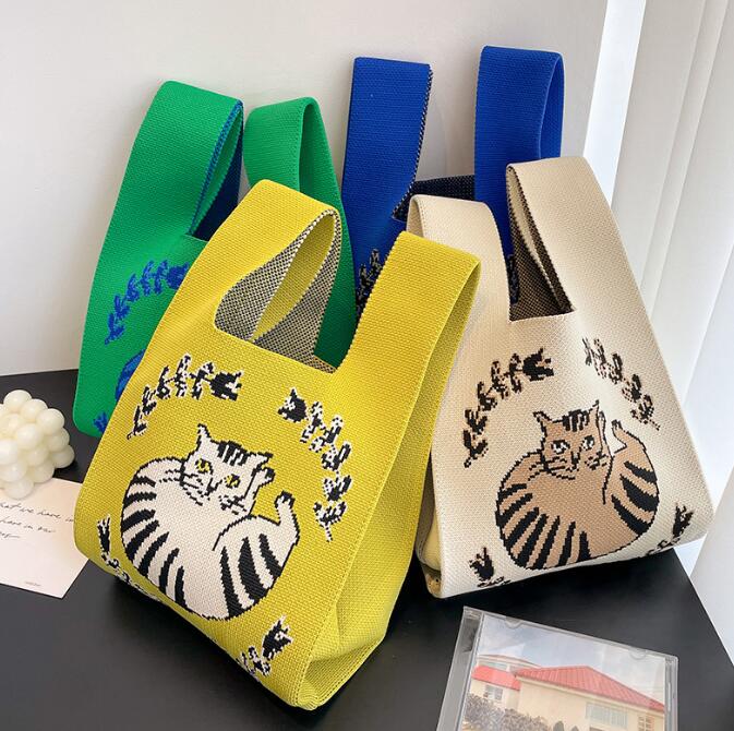 バッグ★レディース★トートバッグ★ハンドバッグ★ニットバッグ★大容量★猫柄★4色