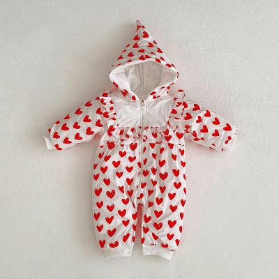 秋冬新作 ガールズ 連体服 ハート フリル 裏ボア裏起毛 厚手 フード付ロンパース カバーオール 66-90