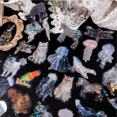 ステッカー PETシール キラキラ バラ 海洋生物 クジラ ゼブラ トンボ 鳥 クラゲ 猫 20枚入