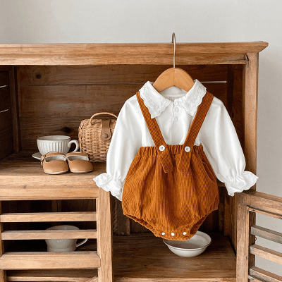 ガールズ 秋冬新作 ブラウス フリル 花柄刺繍 サロペット コーデュロイ シャツ+ズボン 66-100