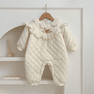 秋冬新作 ガールズ 連体服 フリル 花柄 裏ボア裏起毛 防寒 厚手 ロンパース カバーオール 66-100