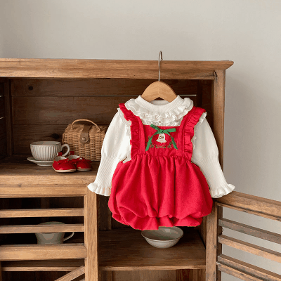 秋冬新作 ガールズ Xmasクリスマス ニット セーター コーデュロイ フリル 上着 吊りスカート 66-100cm