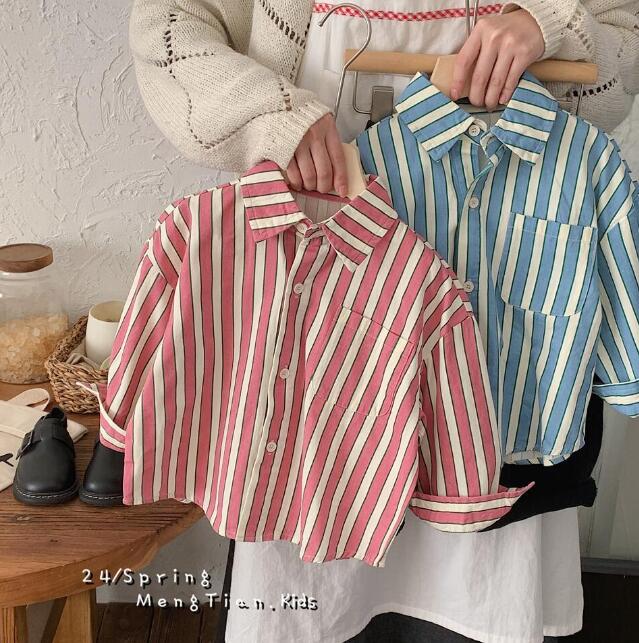 子供服★トップス★ワイシャツ★韓国風子供服★キッズ★男女兼用★ストライプ★2色★90-140CM