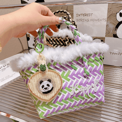 春夏 少女 ポシェット かごバッグ 編みバッグ ハンドバッグ ビーチバッグ パンダ扇子 バスケット ボア