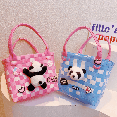 春夏 少女 ポシェット かごバッグ 編みバッグ ハンドバッグ ビーチバッグ パンダ バスケット ぬいぐるみ