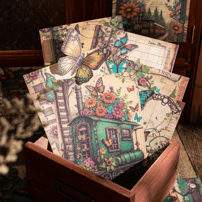 ペーパー 素材紙 アンティーク イラスト メモ紙 バタフライ蝶 花フラワー 薔薇ローズ 30枚入